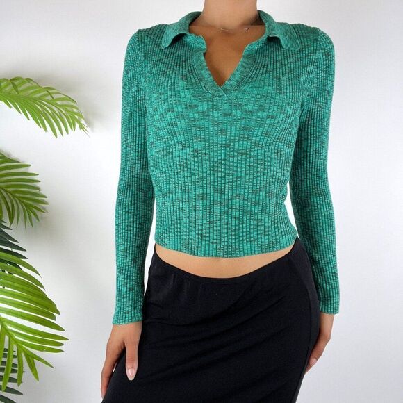 Women's Vintage Y2K Rue21Green Preppy Ribbed Knit Fitted Long Sleeve Top / Small - Picture 3 of 5